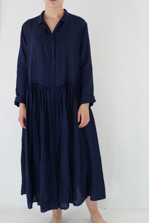 Long Linen Gathered Dress Deep Blue by Kaval-TU
