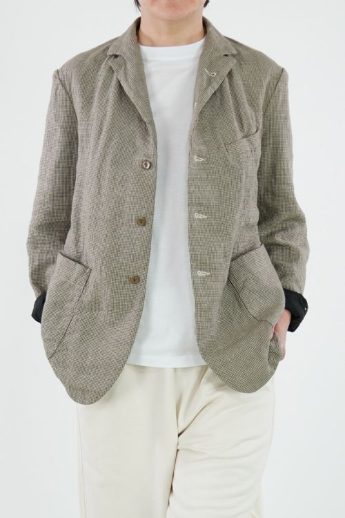 Narrow 5B Linen Jacket Beige Mini Gingham Check by Kaval