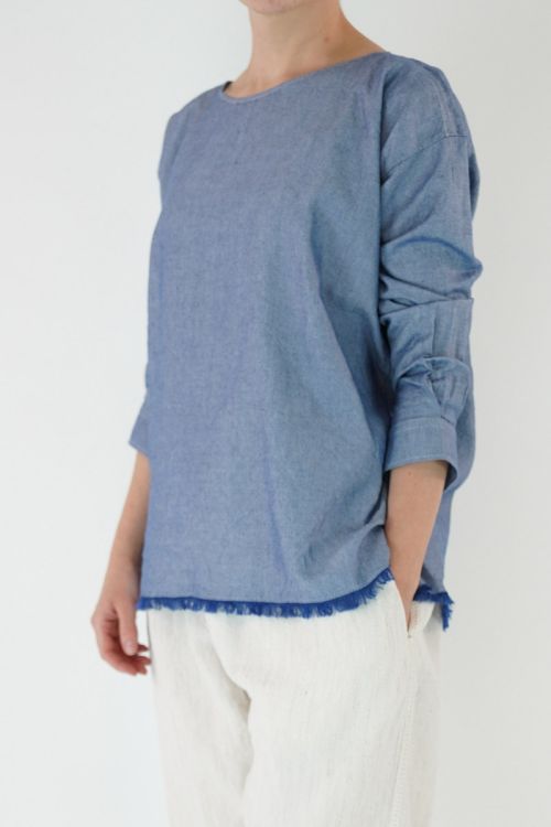 Round Neck Cotton and Linen Blouse Blue by Kaval