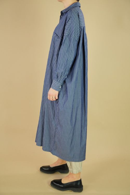 Back Side Tuck Baggy Shirt Dress Navy Stripe by Toujours