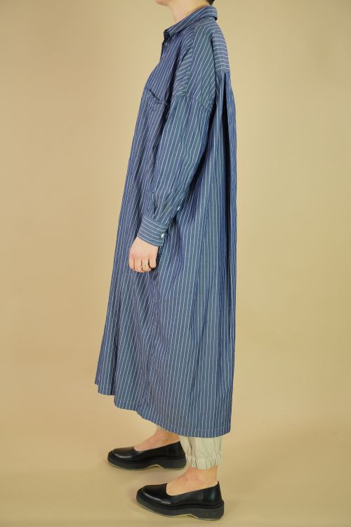 Back Side Tuck Baggy Shirt Dress Navy Stripe by Toujours-S