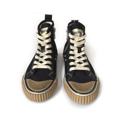 Cotton Suede Leather Mix High Top Sneakers Black by nununu