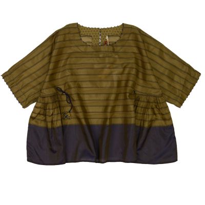 Silk Wide Blouse Brown Blue Striped by Pero