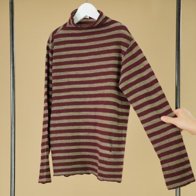 Cotton and Wool High Neck Dolcevita Burgundy Stripes by Petit du Role-4Y