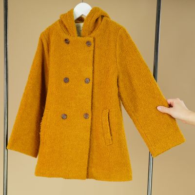 Woolen Boucle Hooded Jacket Mustard by Petit du Role-4Y
