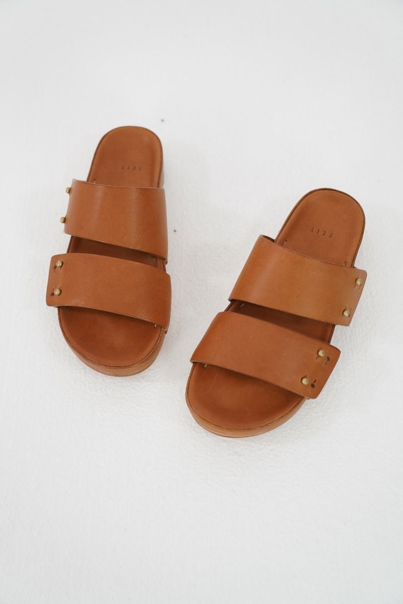 Two Strap Leather Sandals Tan by FEIT
